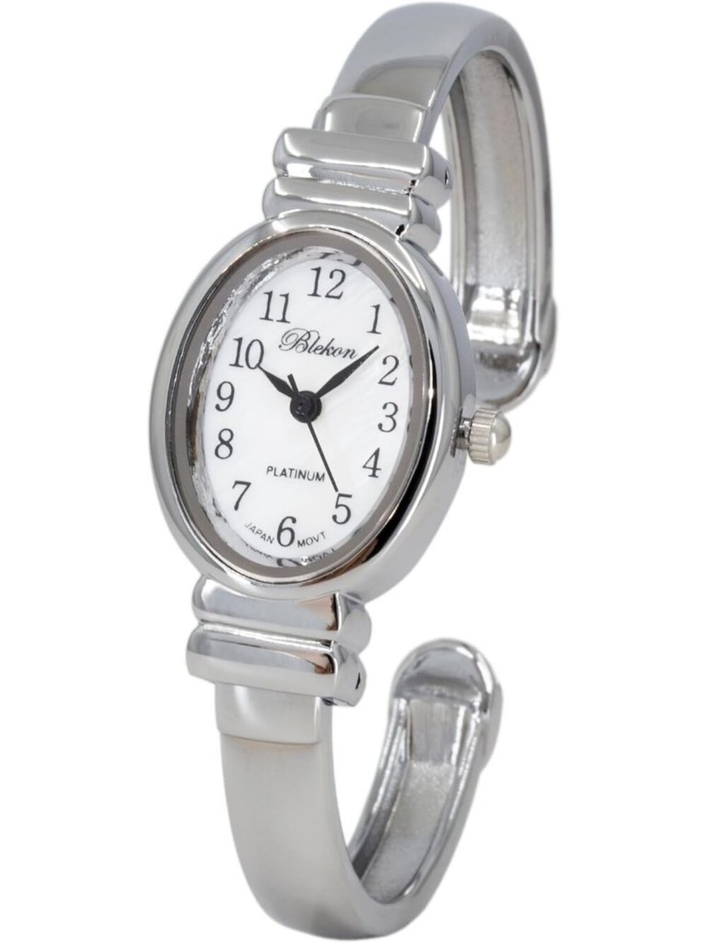 Womens Silver Analog Quartz Elegant Pearl Dial Sophisticated Cuff Bracelet Watch